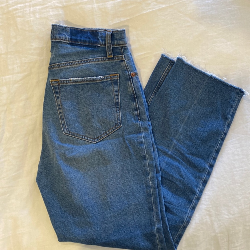 Abercrombie cropped straight ultra high rise flare jeans.